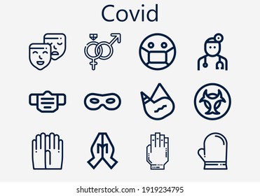 Premium set of covid [S] icons. Simple covid icon pack. Stroke vector illustration on a white background. Modern outline style icons collection of Canteen, Biohazard, Glove, Gloves, Symbol