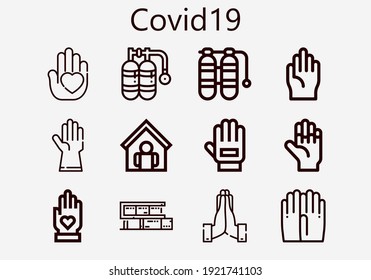 Premium set of covid19 icons. Simple covid19 icon pack. Stroke vector illustration on a white background. Modern outline style icons collection of Hands, Oxygen, Glove, Gloves, Hand