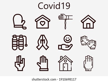 Premium set of covid19 [S] icons. Simple covid19 icon pack. Stroke vector illustration on a white background. Modern outline style icons collection of Gloves, Handkerchief, Home, Hand, Oxygen tank