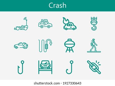 Premium set of crash line icons. Simple crash icon pack. Stroke vector illustration on a white background. Modern outline style icons collection of Hook, Broken link, Barbacue