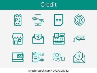 Premium set of credit line icons. Simple credit icon pack. Stroke vector illustration on a white background. Modern outline style icons collection of Shop, Invoice, Online store