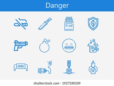 Premium set of danger line icons. Simple danger icon pack. Stroke vector illustration on a white background. Modern outline style icons collection of No smoking, Drugs