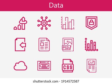 Conjunto premium de iconos de línea de datos. Paquete de iconos de datos simple. Ilustración vectorial de trazo sobre un fondo blanco. Colección de iconos de estilo de contorno moderno de Css, Cassette, Network, Stats, archivo Psd, Icloud