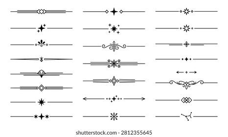Premium set of decorative text separators and page breakers featuring minimalist geometric shapes star patterns and swirling vine motifs for luxury branding wedding stationery and professional book design layouts with clean black vector lines and symmetrical balance.