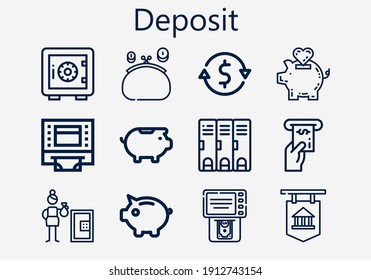 Premium set of deposit [S] icons. Simple deposit icon pack. Stroke vector illustration on a white background. Modern outline style icons collection of Purse, Bank, Locker, Safe deposit, Piggy bank