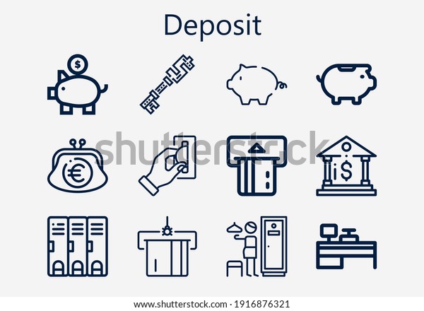 Premium set of deposit [S] icons. Simple deposit\
icon pack. Stroke vector illustration on a white background. Modern\
outline style icons collection of Purse, Lockers, Bank, Locker,\
Piggy bank