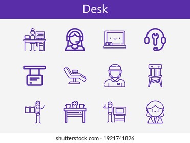 Premium set of desk line icons. Simple desk icon pack. Stroke vector illustration on a white background. Modern outline style icons collection of Graphic designer, Receptionist, Chalkboard, Table