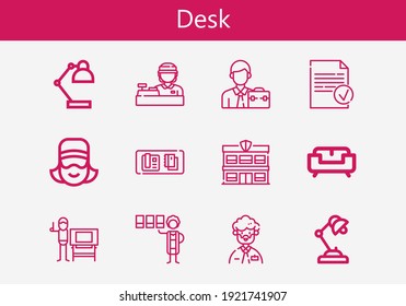 Premium set of desk line icons. Simple desk icon pack. Stroke vector illustration on a white background. Modern outline style icons collection of Sofa, Graphic designer, Done, Desk lamp, Table
