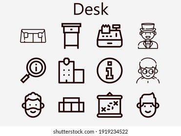 Premium Set Of Desk [S] Icons. Simple Desk Icon Pack. Stroke Vector Illustration On A White Background. Modern Outline Style Icons Collection Of Boarding, Sofa, Police Station, Man, Information