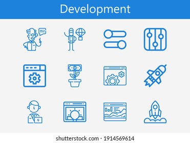 Premium set of development line icons. Simple development icon pack. Stroke vector illustration on a white background. Modern outline style icons collection of Growth, Idea, Scientist, Product release