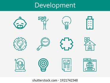 Premium set of development line icons. Simple development icon pack. Stroke vector illustration on a white background. Modern outline style icons collection of Graphic designer, Building, Clinic