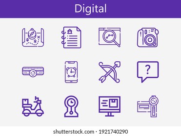 Premium set of digital line icons. Simple digital icon pack. Stroke vector illustration on a white background. Modern outline style icons collection of Arrow, Computer, Chat, Camcorder, Camera