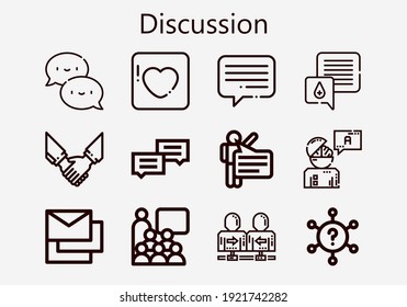 Juego de iconos de discusión premium [S]. Paquete de iconos de discusión simple. Ilustración vectorial de trazo sobre un fondo blanco. Iconos modernos de estilo de esquema colección de acuerdos, respuestas, mensajes, chat