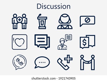 Premium set of discussion [S] icons. Simple discussion icon pack. Stroke vector illustration on a white background. Modern outline style icons collection of Agreement, Chat, Psychologist, Badoo