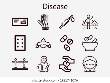 Premium set of disease icons. Simple disease icon pack. Stroke vector illustration on a white background. Modern outline style icons collection of Medicine, Drugs, Pills, Donor, Gloves