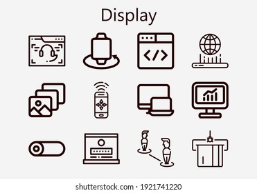 Juego de iconos de pantalla superior [S]. Paquete de iconos de pantalla simple. Ilustración vectorial de trazo sobre un fondo blanco. Moderna colección de iconos de estilo de contorno de Marcador de posición, Holograma, Responsivo, Laptop