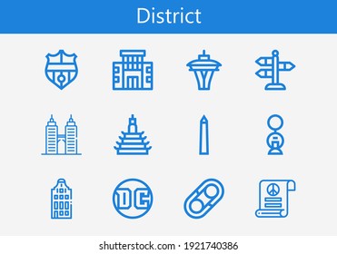 Premium set of district line icons. Simple district icon pack. Stroke vector illustration on a white background. Modern outline style icons collection of Building, Nantes, Pacifism, National mall