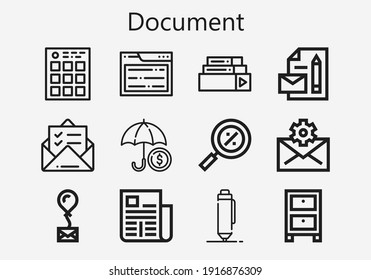 Premium set of document [S] icons. Simple document icon pack. Stroke vector illustration on a white background. Modern outline style icons collection of Newspaper, Mail, Cabinet, Percentage, Insurance