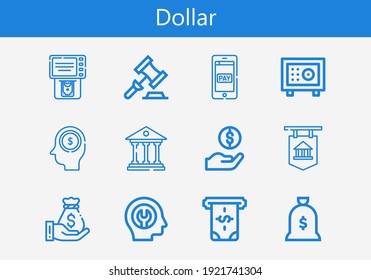 Juego premium de iconos de línea de dólar. Paquete de iconos simple en dólares. Ilustración vectorial de trazo sobre un fondo blanco. Moderna colección de iconos de estilo de esquema de Bank, Dollar, Subasta, Caja de seguridad, método de pago