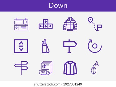 Premium set of down line icons. Simple down icon pack. Stroke vector illustration on a white background. Modern outline style icons collection of Arrow, Jacket, Pdf