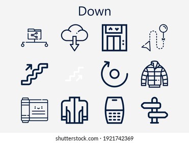 Premium set of down [S] icons. Simple down icon pack. Stroke vector illustration on a white background. Modern outline style icons collection of Jacket, Rotate, Scroll, Stairs, Cellphone, Data share