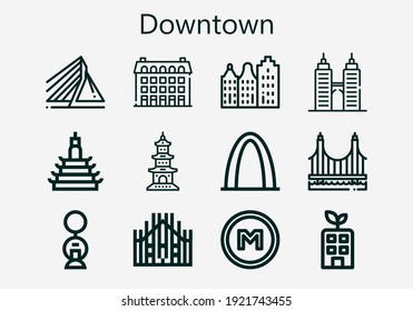 Conjunto premium de iconos del centro de la ciudad. Paquete de iconos simple en el centro de la ciudad. Ilustración vectorial de trazo sobre un fondo blanco. Colección de iconos de estilo de contorno moderno de Edificio, Rotterdam, Milán, Metro