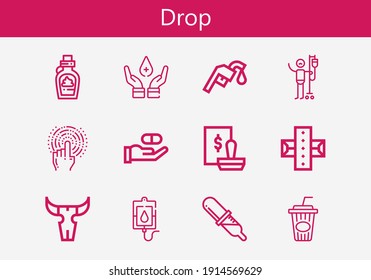 Premium set of drop line icons. Simple drop icon pack. Stroke vector illustration on a white background. Modern outline style icons collection of Medicine, Cola, Tap, Stamp, Blood donation, Chocolate