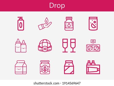 Premium set of drop line icons. Simple drop icon pack. Stroke vector illustration on a white background. Modern outline style icons collection of Sphere, Honey, Ketchup, Blood donation, Drops