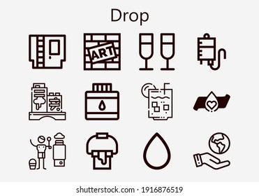 Premium set of drop [S] icons. Simple drop icon pack. Stroke vector illustration on a white background. Modern outline style icons collection of Cartridge, Paint bucket, Ecologism, Graffiti