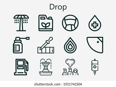 Premium set of drop [S] icons. Simple drop icon pack. Stroke vector illustration on a white background. Modern outline style icons collection of Medicine, Donors, Fountain, Gasoline, Gasoline station