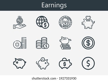 Premium Set Of Earnings Line Icons. Simple Earnings Icon Pack. Stroke Vector Illustration On A White Background. Modern Outline Style Icons Collection Of Coin, Coins, Piggy Bank