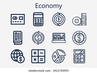 Premium set of economy [S] icons. Simple economy icon pack. Stroke vector illustration on a white background. Modern outline style icons collection of Coin, Newspaper, Refund, Dollar, Calculator