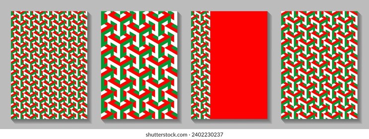 Premium set elegant cover design for invitation, cover design, flayers, menu, notebook, cards. Luxury Christmas design templates with red, green and white 3d geometric pattern.