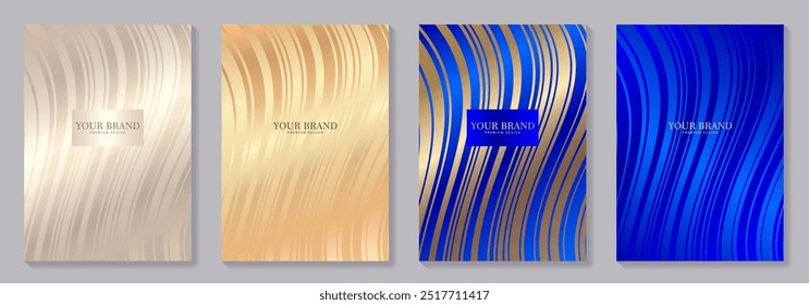 Premium set elegant cover design for invitation, cover design, flayers, menu, notebook, cards. Luxury design templates with gold and blue lines pattern and gradient.