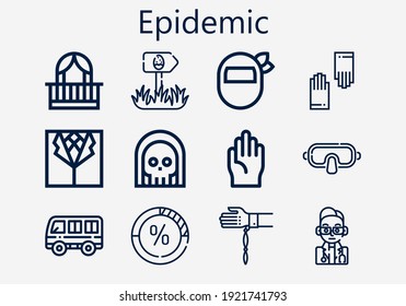 Premium set of epidemic [S] icons. Simple epidemic icon pack. Stroke vector illustration on a white background. Modern outline style icons collection of Bus, Gloves, Balcony, Mask, Stats