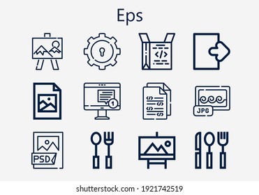 Premium set of eps [S] icons. Simple eps icon pack. Stroke vector illustration on a white background. Modern outline style icons collection of Jpg, Coding, Canvas, Logout, Psd file, Jpeg