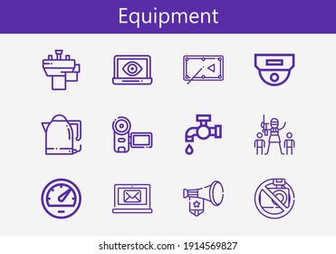 Premium set of equipment line icons. Simple equipment icon pack. Stroke vector illustration on a white background. Modern outline style icons collection of Laptop, Kettle, Tap, Megaphone, Pool table