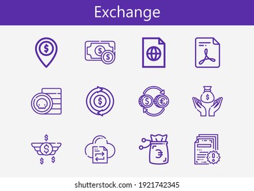 Premium-Satz von Austauschzeilensymbols. Einfaches Austauschsymbolpaket. Schlagt Vektorgrafik auf weißem Hintergrund. Moderne Bildersammlung im Stil der Umrisse, Sammlung von Geld, Münzen, Dateiübertragung, Rückerstattung