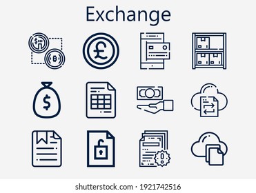 Juego premium de iconos de intercambio [S]. Paquete de iconos de intercambio simple. Ilustración vectorial de trazo sobre un fondo blanco. Moderna colección de iconos de estilo de esquema de dinero, transferencia de archivos, bitcoin, libra