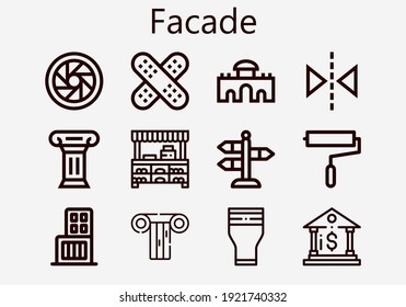 Premium set of facade icons. Simple facade icon pack. Stroke vector illustration on a white background. Modern outline style icons collection of Bank, Shopping center, Column, Paint roller, Glass