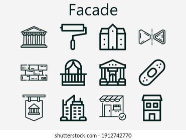 Premium set of facade [S] icons. Simple facade icon pack. Stroke vector illustration on a white background. Modern outline style icons collection of Pantheon, Bank, Paint roller, Reflect, Bricks