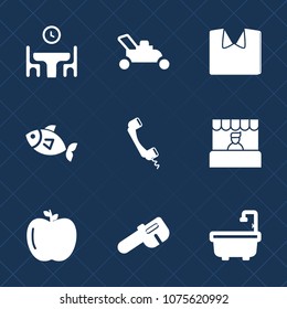 Premium set with fill icons. Such as time, communication, seafood, woman, fish, healthy, tool, clothing, textile, bathroom, mover, male, fresh, repair, shirt, white, happy, sea, fruit, gardening, home