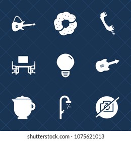 Premium set with fill icons. Such as sign, bath, office, cookie, energy, idea, sound, work, internet, bakery, sweet, drink, food, bulb, guitar, muffin, musical, desk, concert, phone, telephone, table