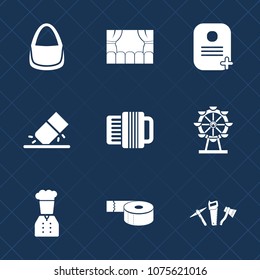 Premium set with fill icons. Such as drawing, accessory, theater, bag, fashion, sign, id, sound, tape, sticky,   erase, education, office, music, business, eraser, repair, school, movie, park