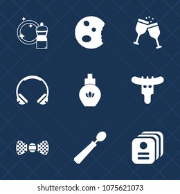 Premium set with fill icons. Such as drink, equipment, sound, doughnut, music, sweet, broom, housework, mop, elegance, dessert, meat, card, spoon, muffin, aroma, bucket, bakery, glass, food, id, red