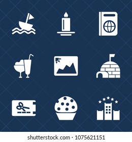 Premium set with fill icons. Such as candlelight, sweet, journey, cake, fire, celebration, boat, immigration, wax, template, cream, candle, photo, sail, house, vacation, snow, ship, bed, sea, nautical