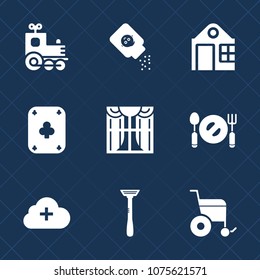 Premium set with fill icons. Such as interior, white, light, fork, construction, locomotive, transport, house, powder, bottle, knife, sign, handicap, architecture, estate, care, kid, spoon, business