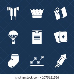 Premium set with fill icons. Such as graph, fashion, map, holiday, jewelry, kingdom, pin, parachute, luxury, play, event, earphone, gps, poker, road, warm, stereo, royal, celebration, chart, festival