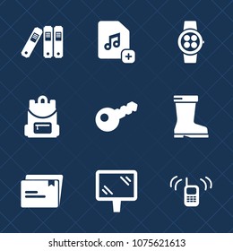 Premium set with fill icons. Such as screen, school, fashion, document, directory, watch, banner, backpack, communication, call, archive, computer, office, music, safe, add, telephone, clothing, sign