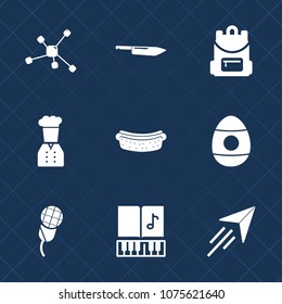 Premium set with fill icons. Such as meal, school, restaurant, science, atom, structure, karaoke, technology, head, sign, education, music, mic, hot, kitchen, backpack, molecule, easter, bag, sound